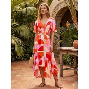 Abel the Label Pink Orange Geometric Abstract Smocked High Low Midi Dress Medium